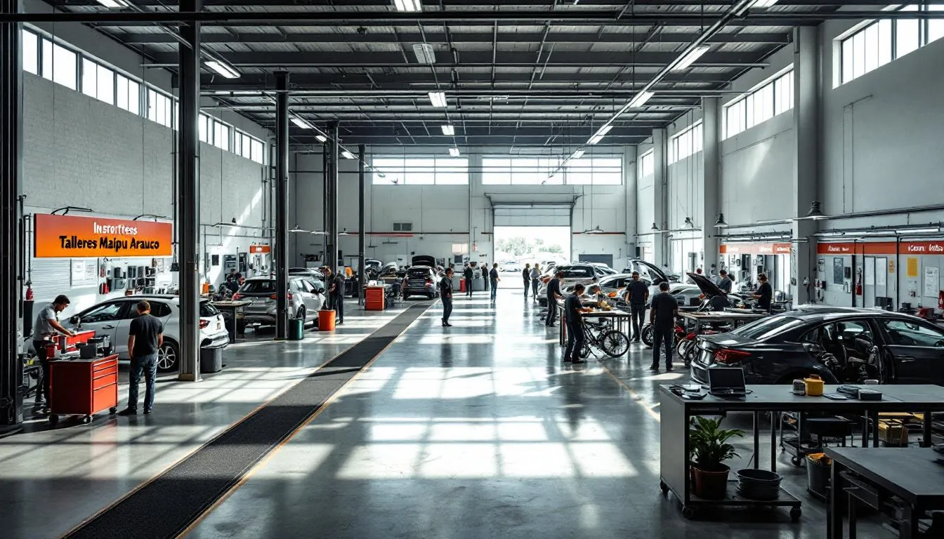 Taller mecánico moderno con vehículos y herramientas
