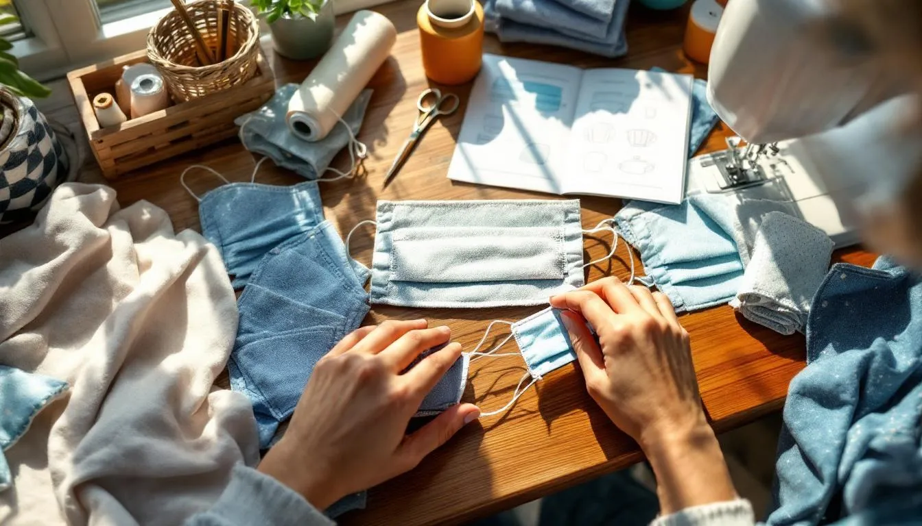 Espacio de costura con mascarillas de algodón