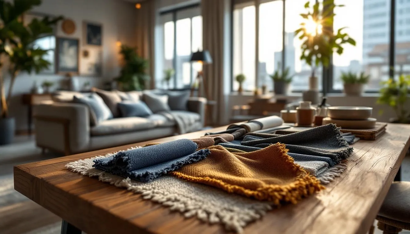 Muestrario de telas elegantes en salón moderno