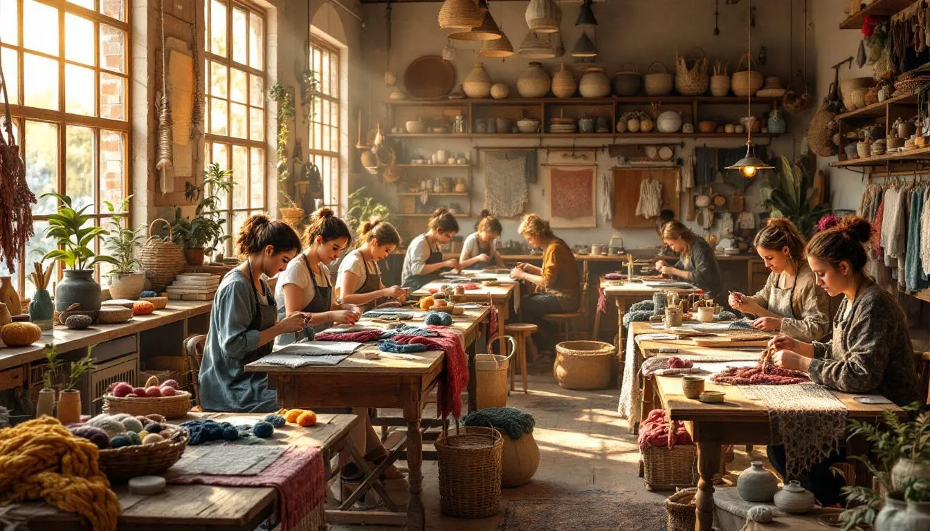Taller artesanal con tejedores trabajando textiles