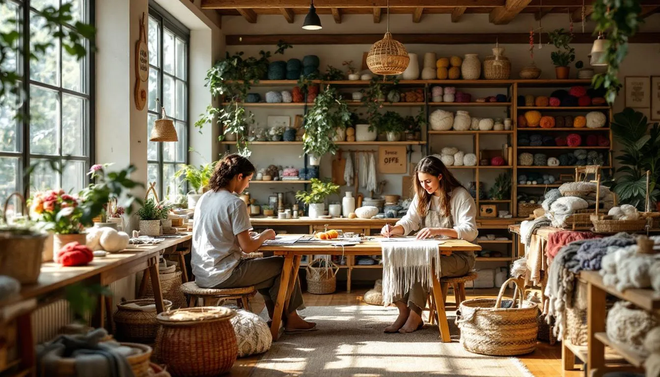 Taller artesanal acogedor con tejedores trabajando
