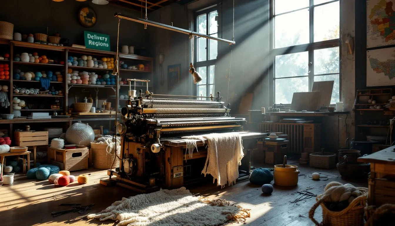 Máquina de tejer tradicional en taller iluminado