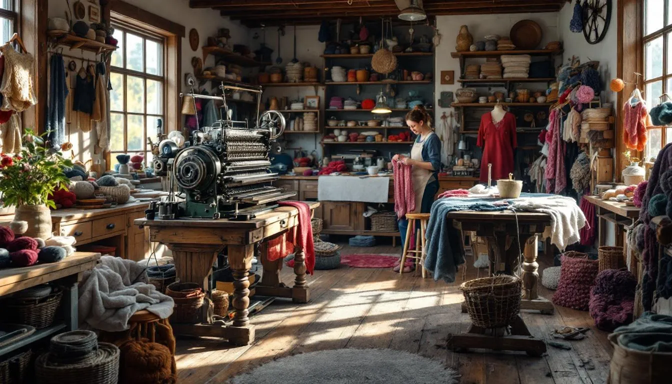 Taller artesanal de tejido con máquina antigua