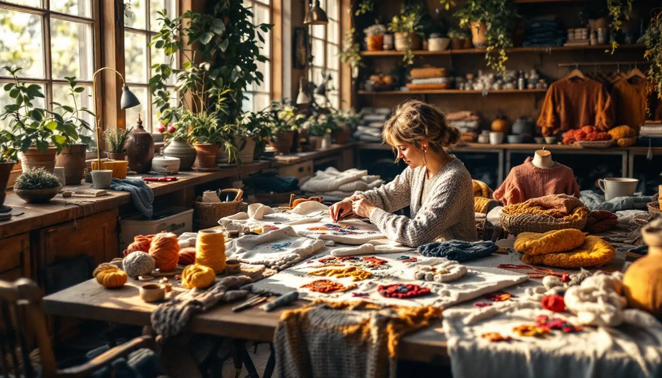 Taller artesanal iluminado con bordados coloridos
