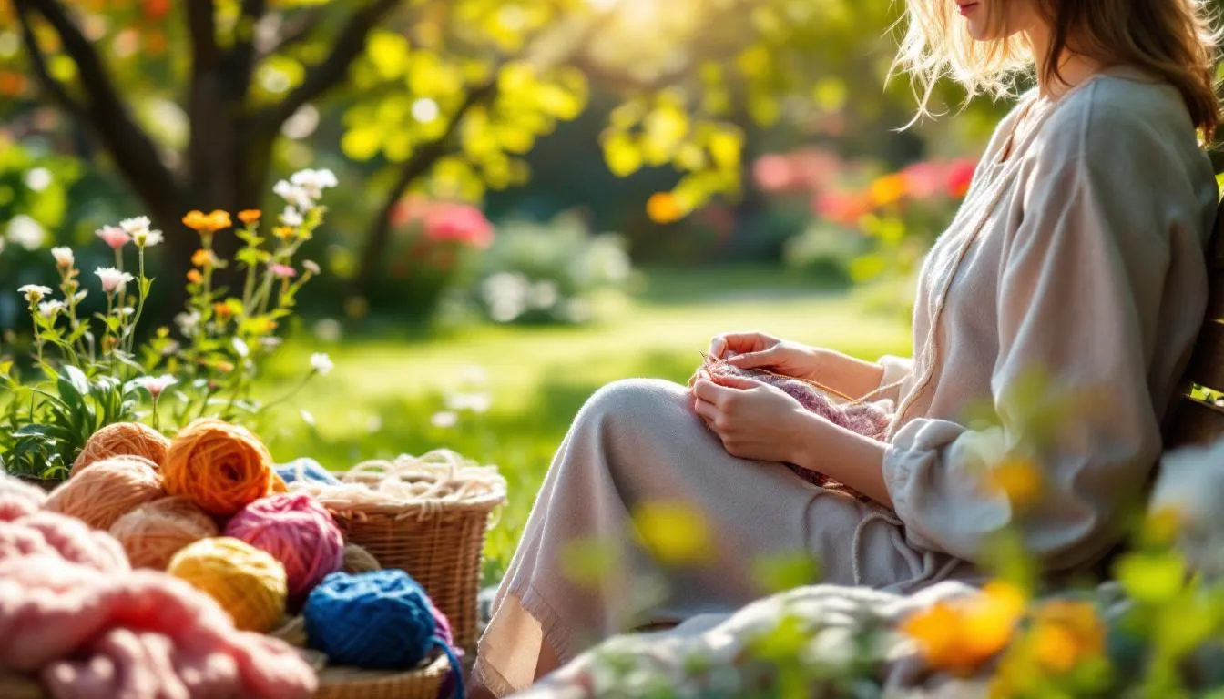 Persona tejiendo en jardín soleado primaveral