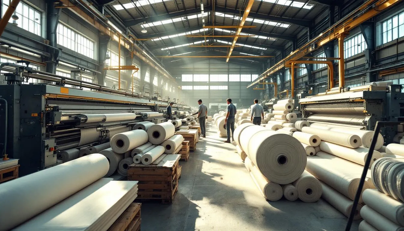 Interior fábrica textil con maquinaria industrial