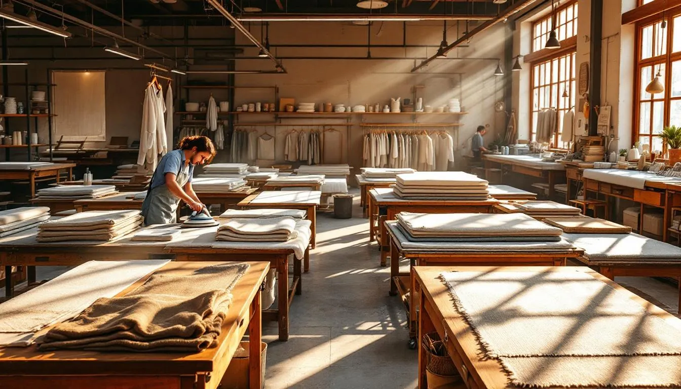 Taller textil con telas y trabajadores cuidando