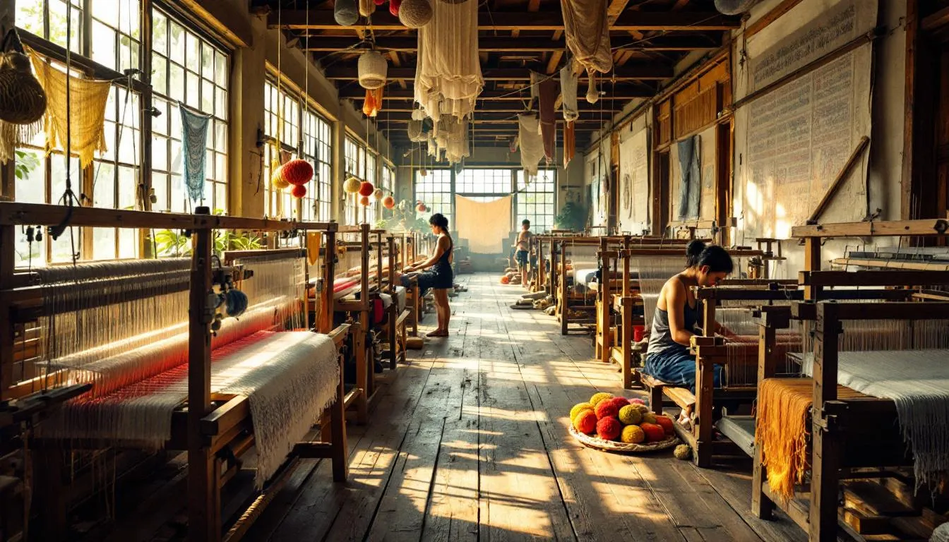 Taller tradicional de tejido artesanal iluminado