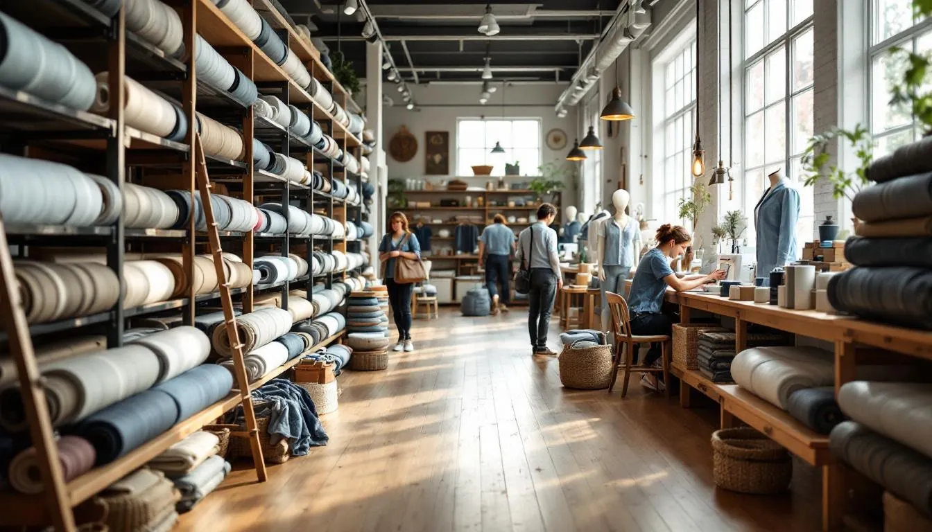 Tienda acogedora con telas chambray azul grisáceo