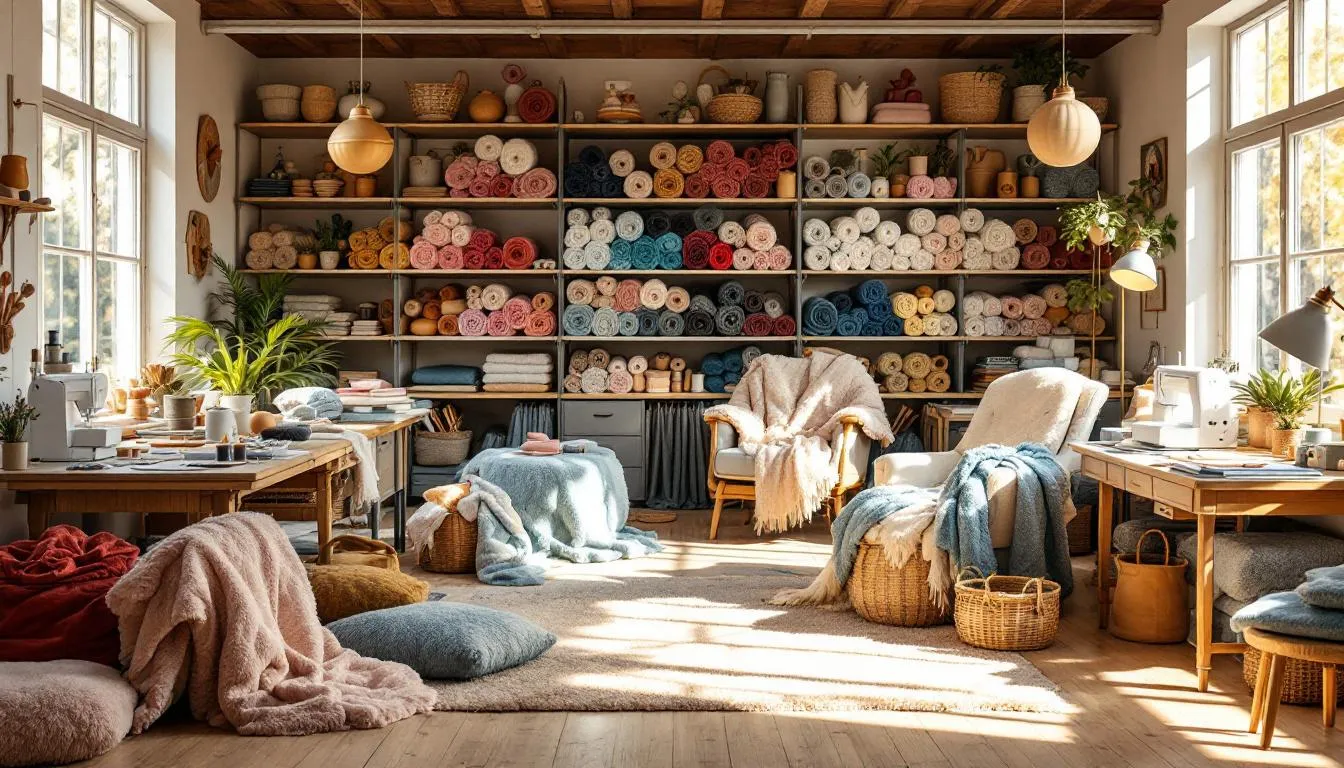 Estudio de costura acogedor con telas lujosas