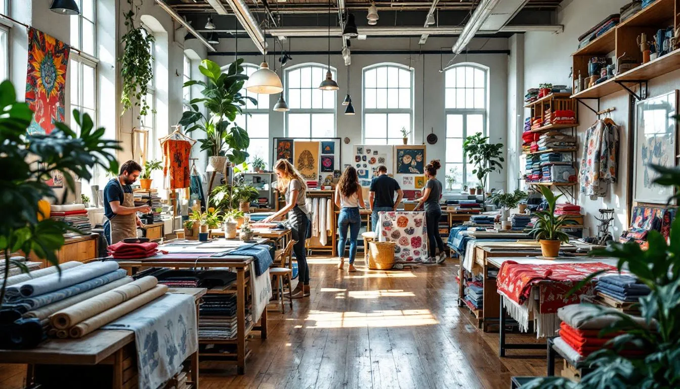 Estudio textil moderno con tejidos coloridos