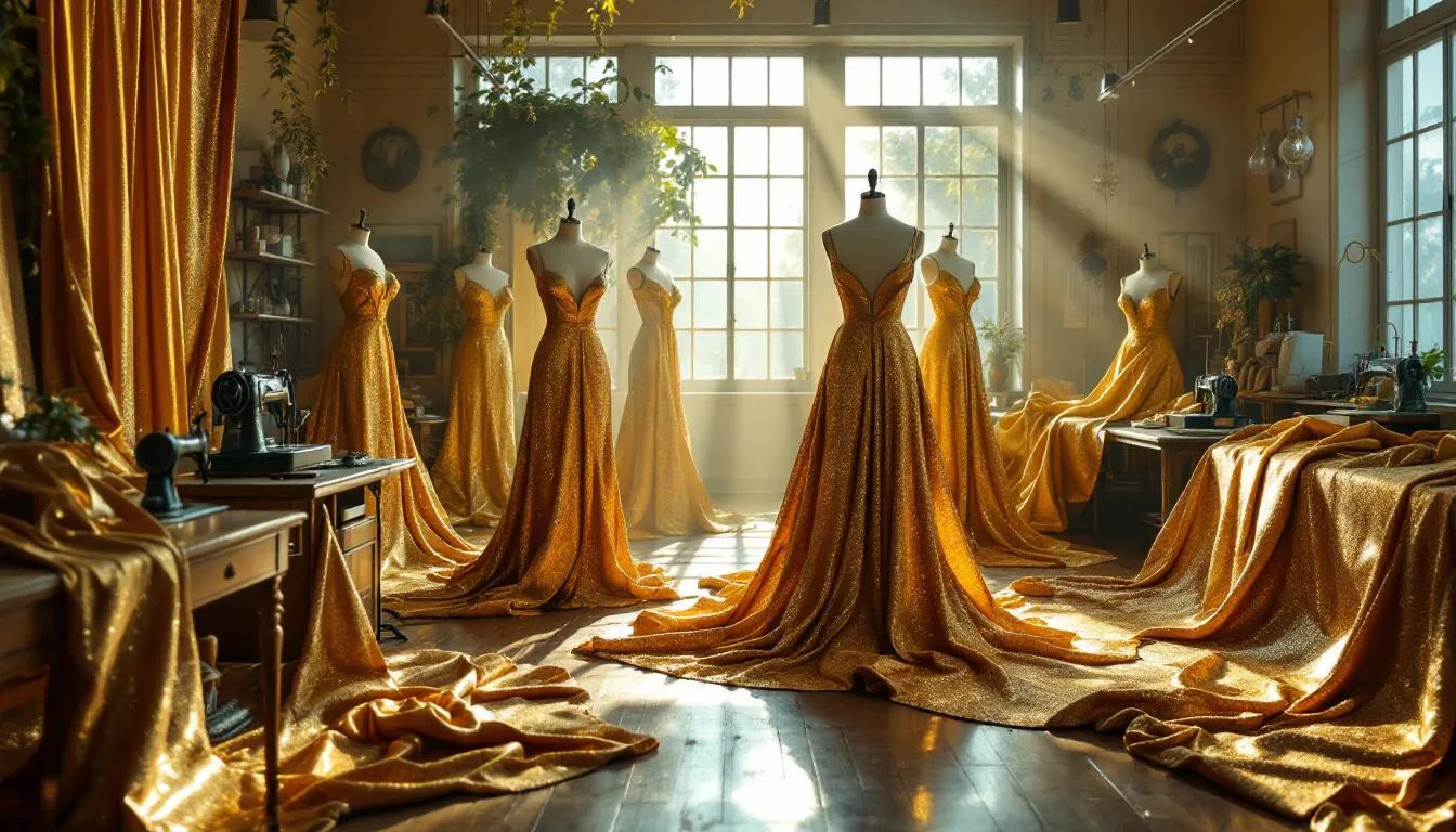 Atelier de moda con telas doradas y