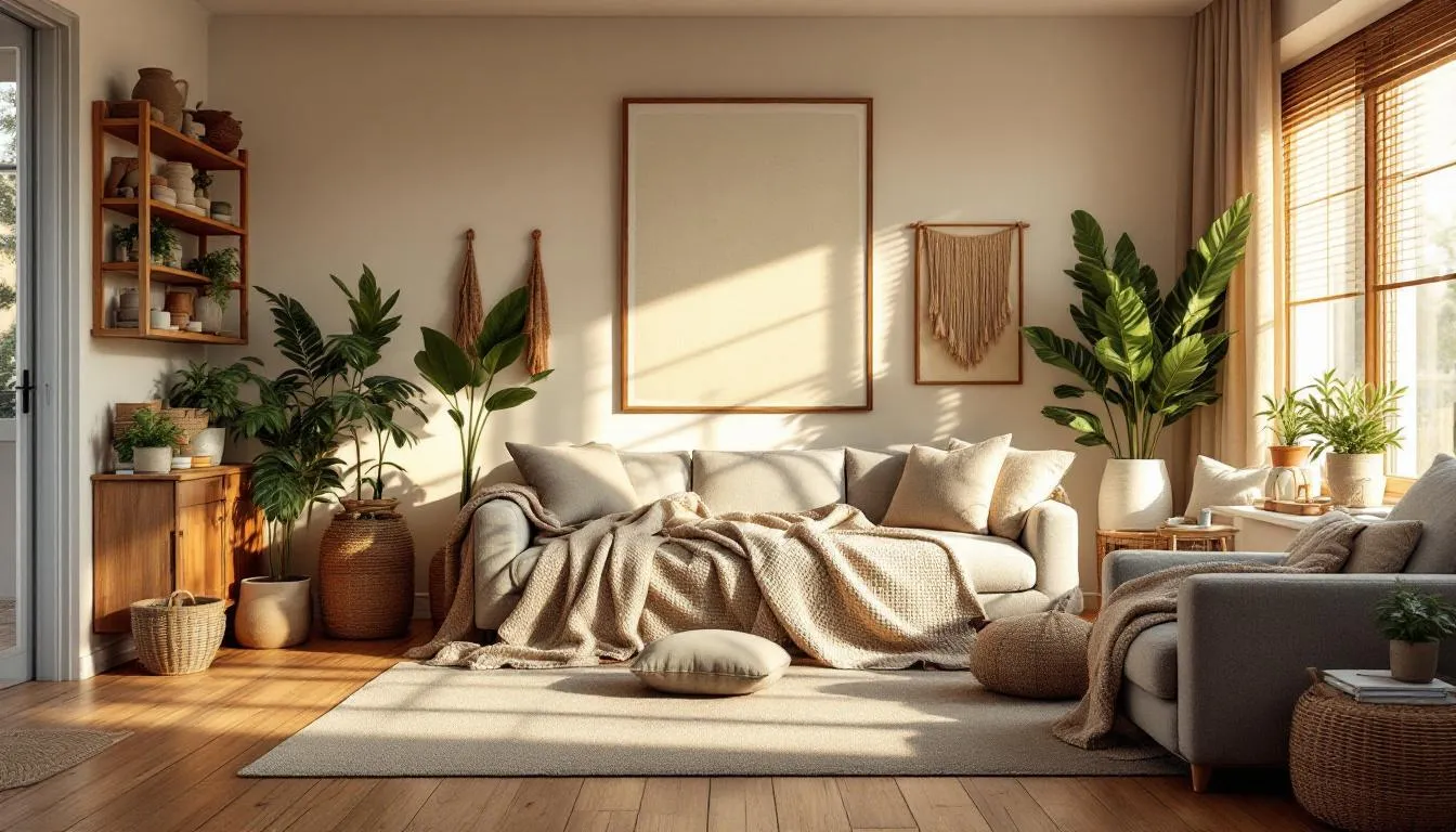 Salón acogedor con luz natural y tejidos