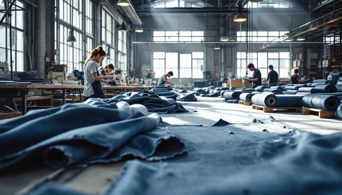 Interior fábrica textil con telas denim índigo