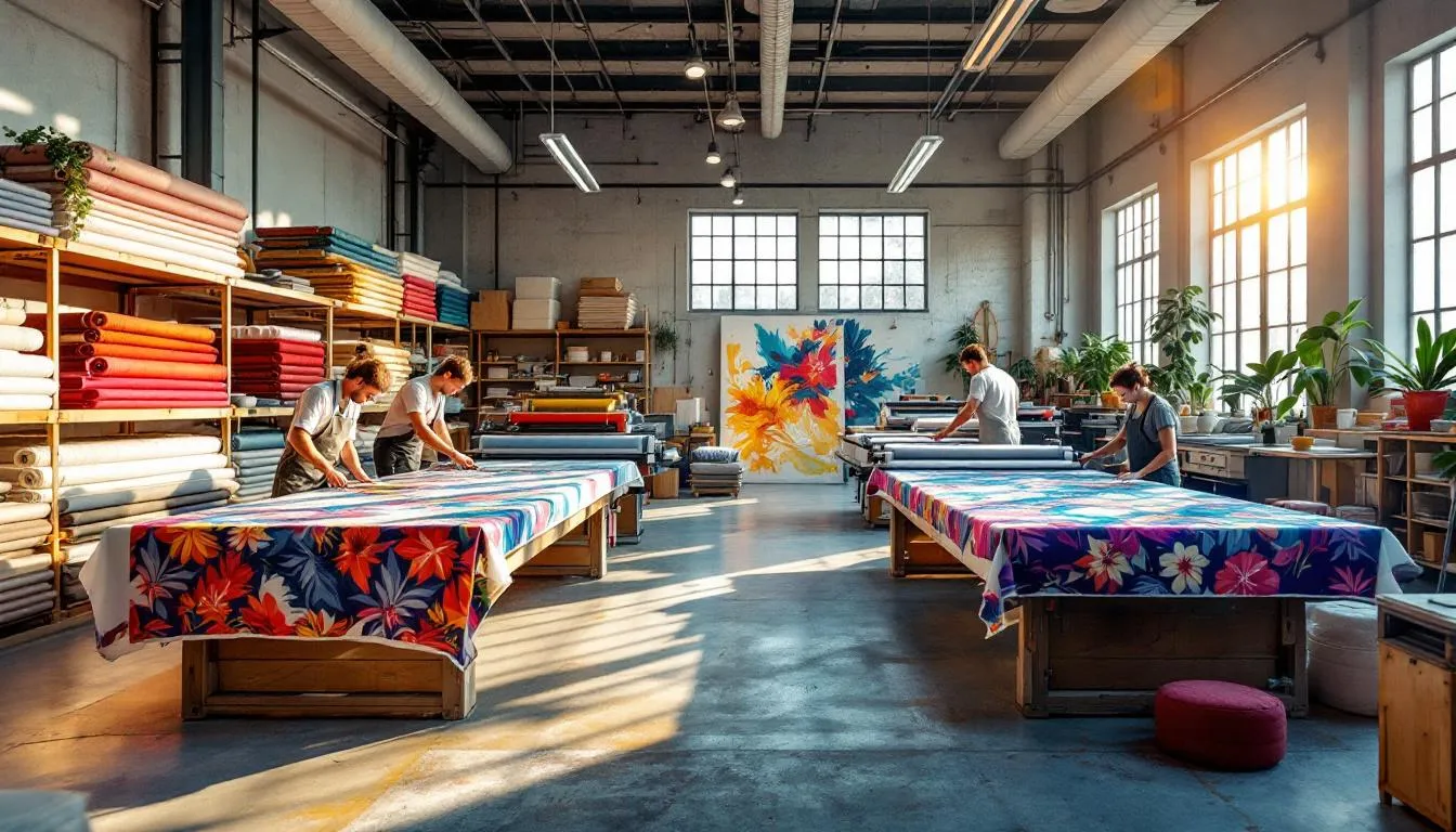 Taller textil moderno con telas sublimadas coloridas