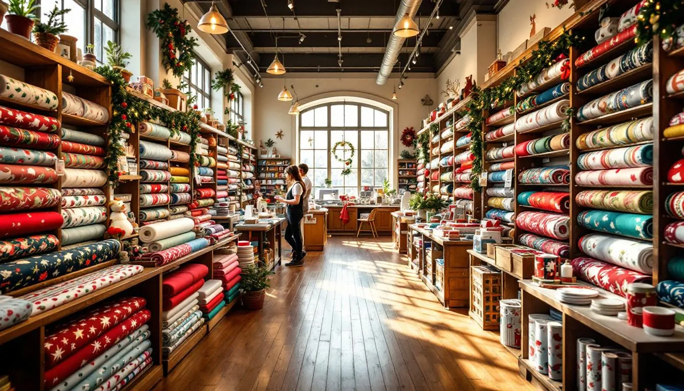 Tienda de telas navideñas con rollos coloridos