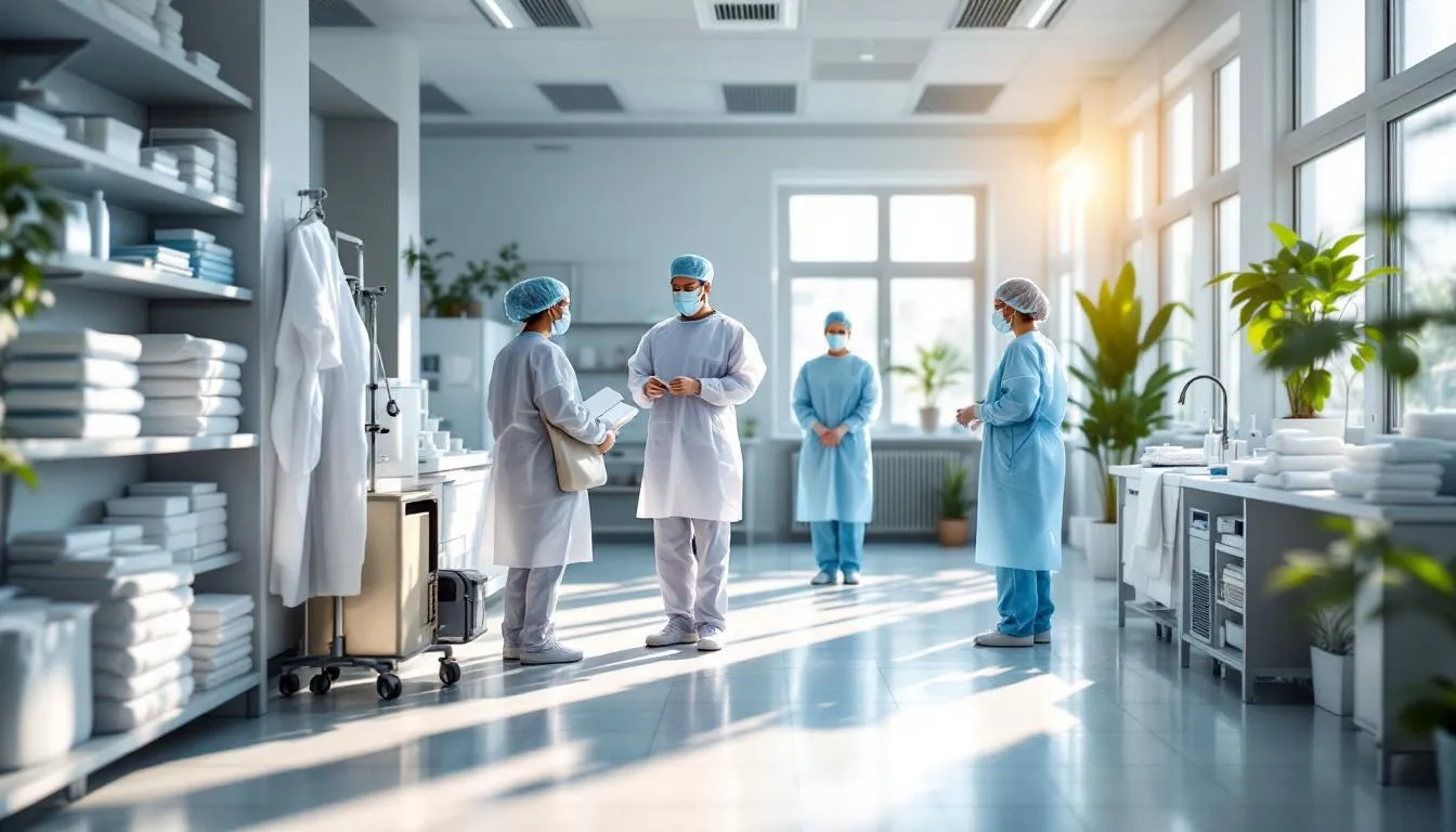 Interior hospital con profesionales y textiles no