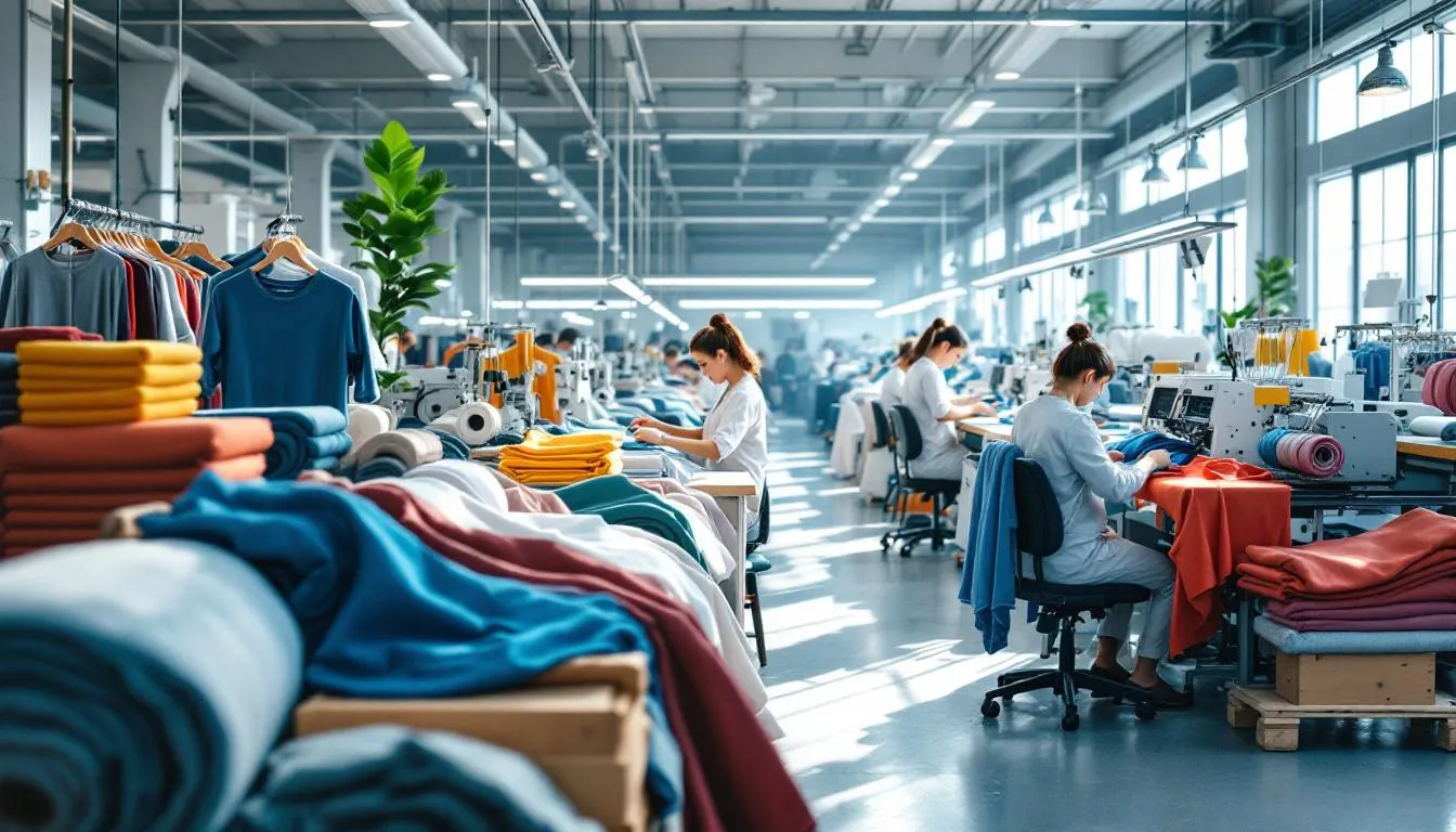 Interior de fábrica textil moderna con telas