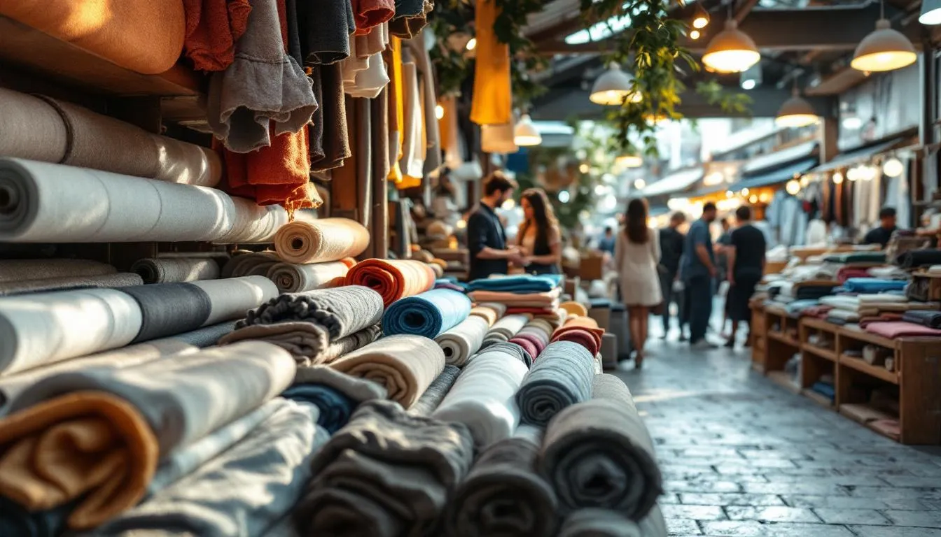 Puesto de telas moderno con rollos variados