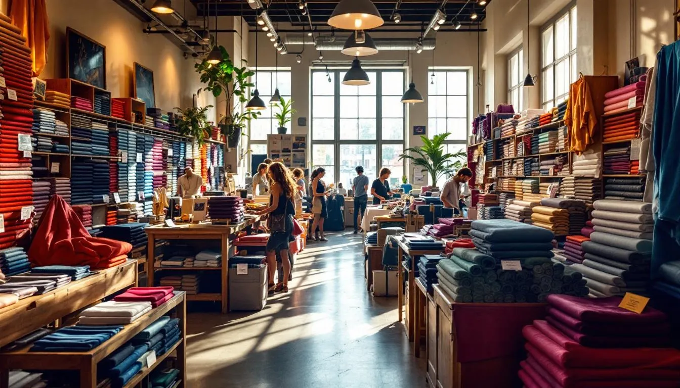 Interior de tienda de telas bien organizada