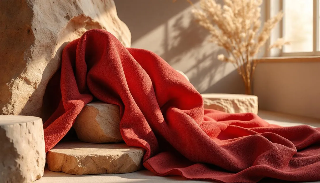Tela roja vibrante sobre madera y piedra