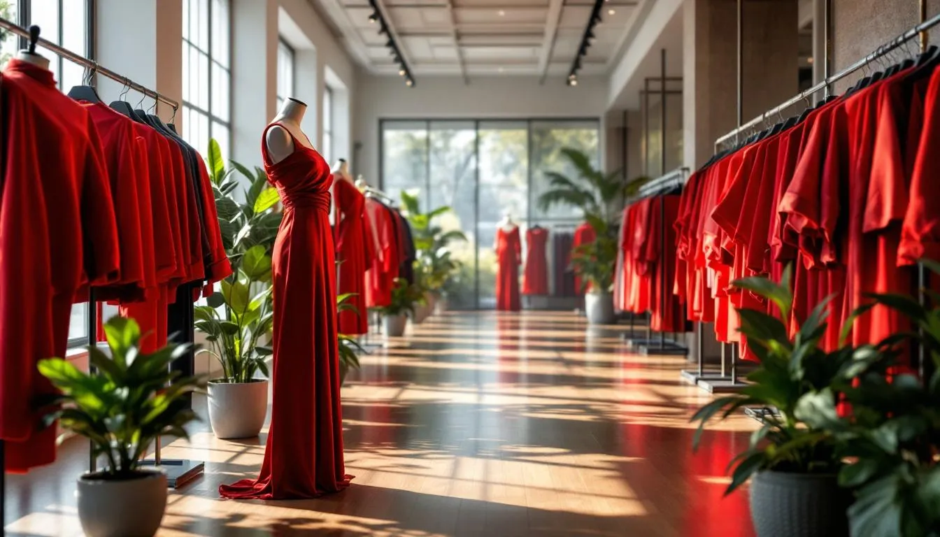 Boutique moderna con ropa roja elegante