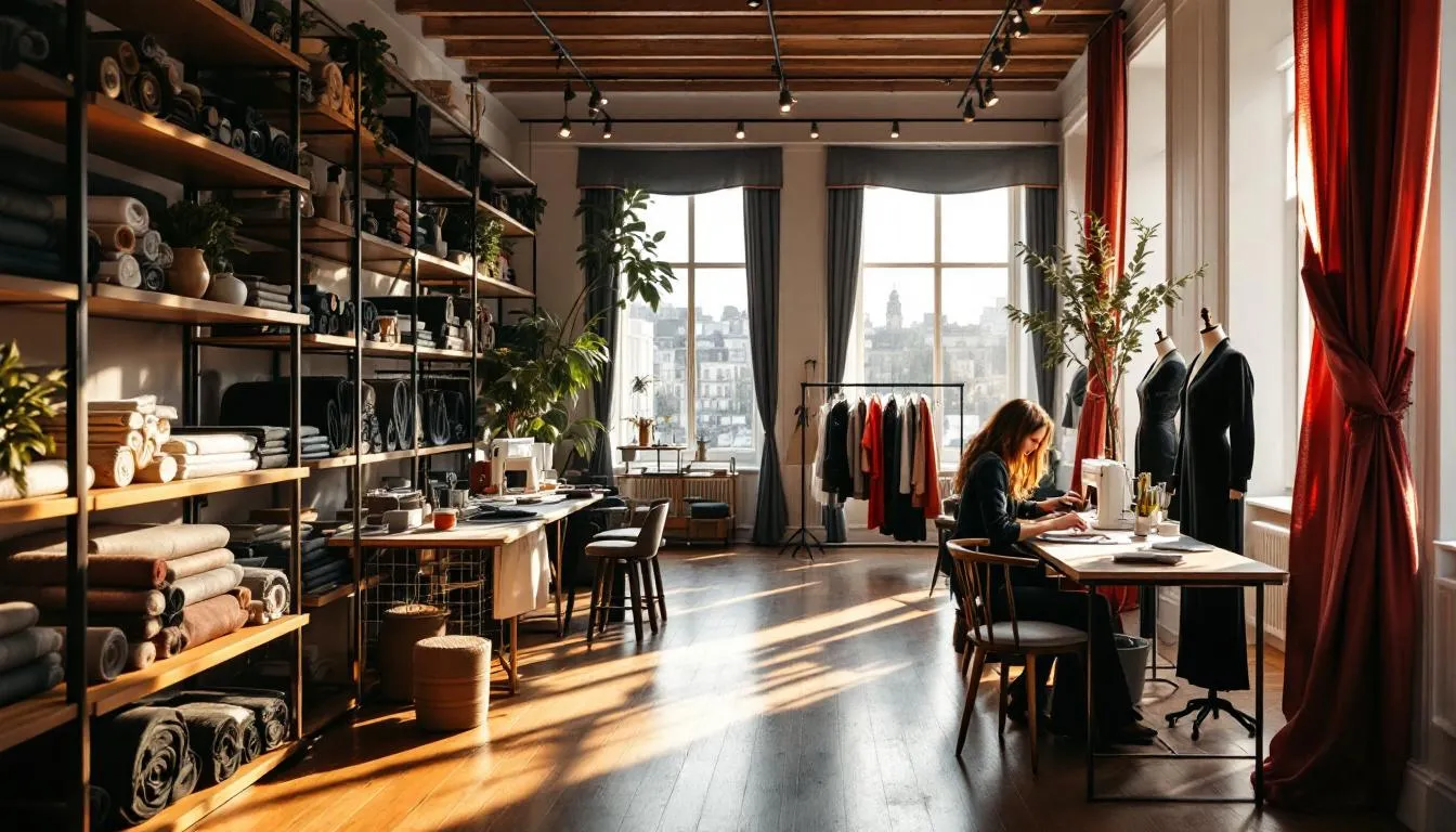 Atelier de moda elegante con telas lujosas