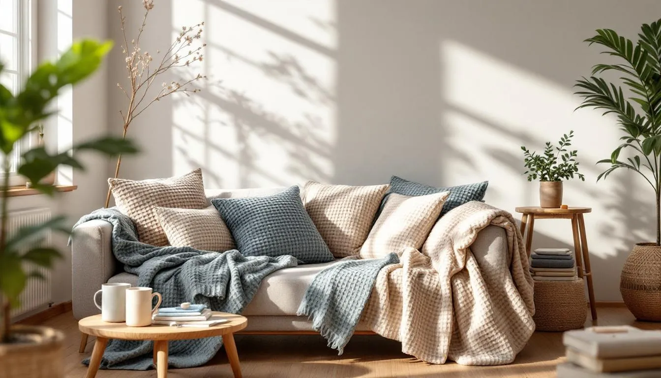 Interior moderno con textiles de tela waffle