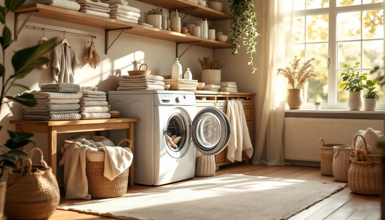 Cuarto de lavandería iluminado con tejidos de