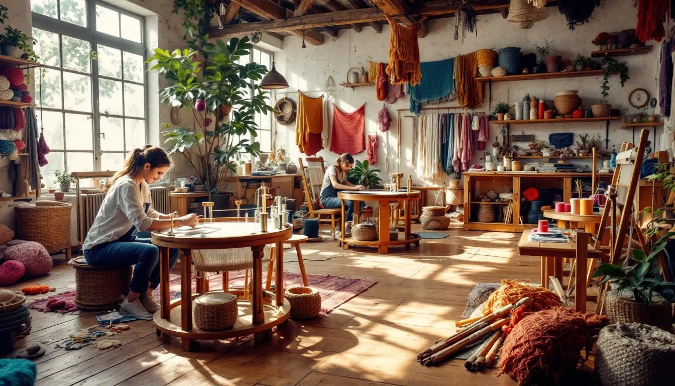 Taller artesanal de telar circular iluminado natural