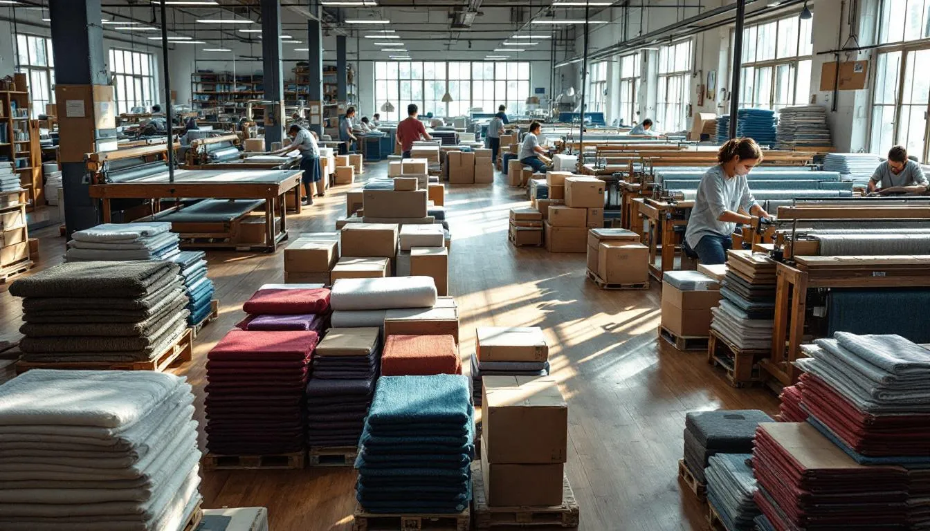 Taller textil con telares y tejidos listos