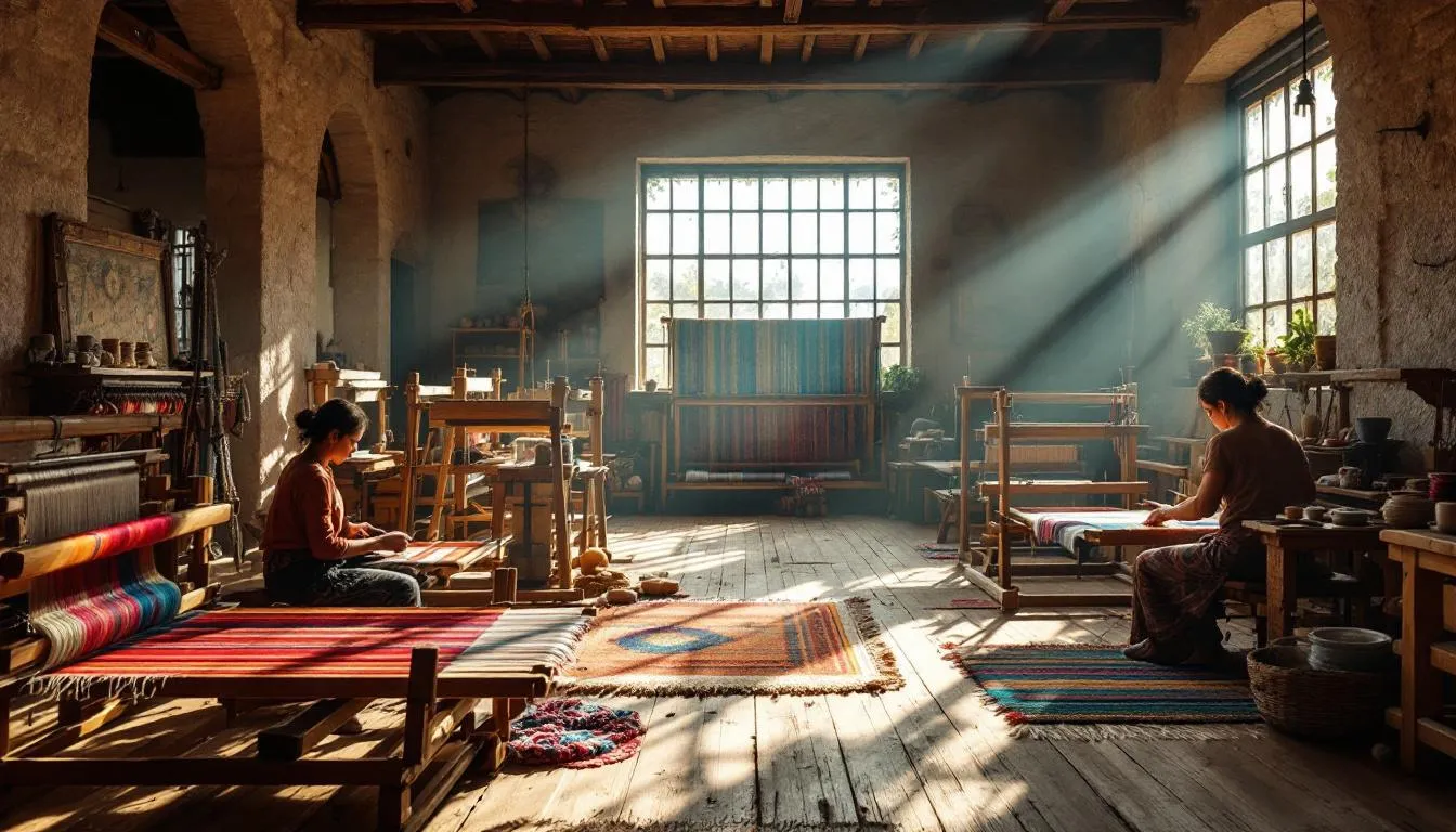 Taller artesanal de telares tradicionales iluminado