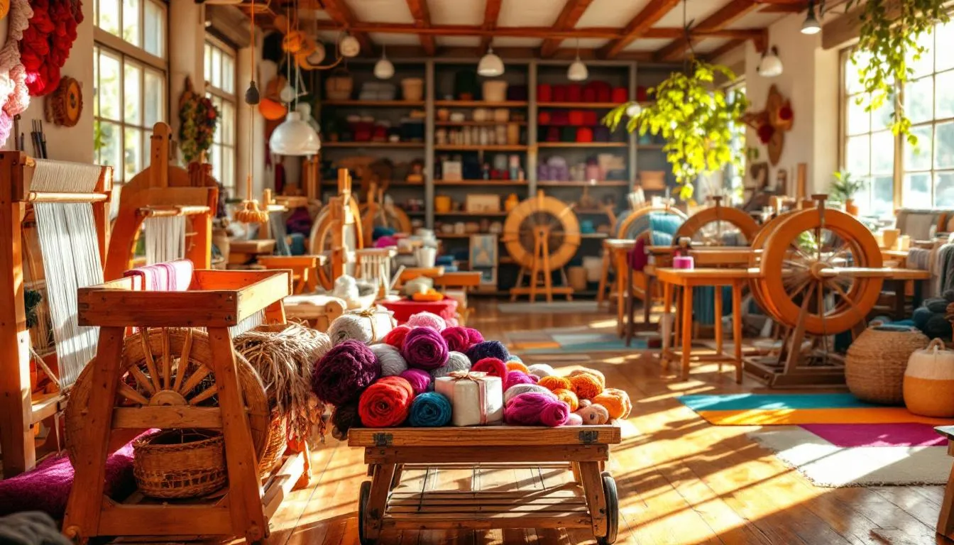 Taller artesanal con telares y tejidos coloridos