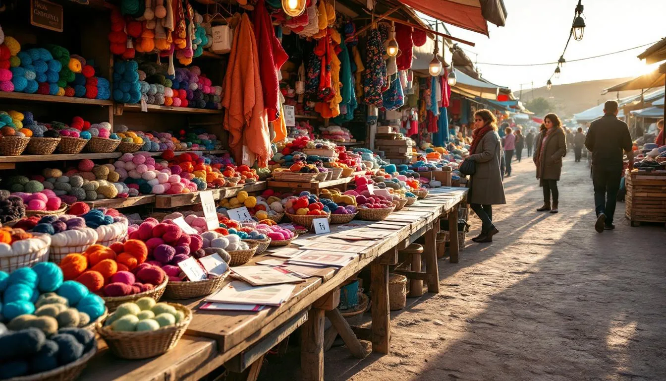 Puesto colorido de lanas en mercado chileno