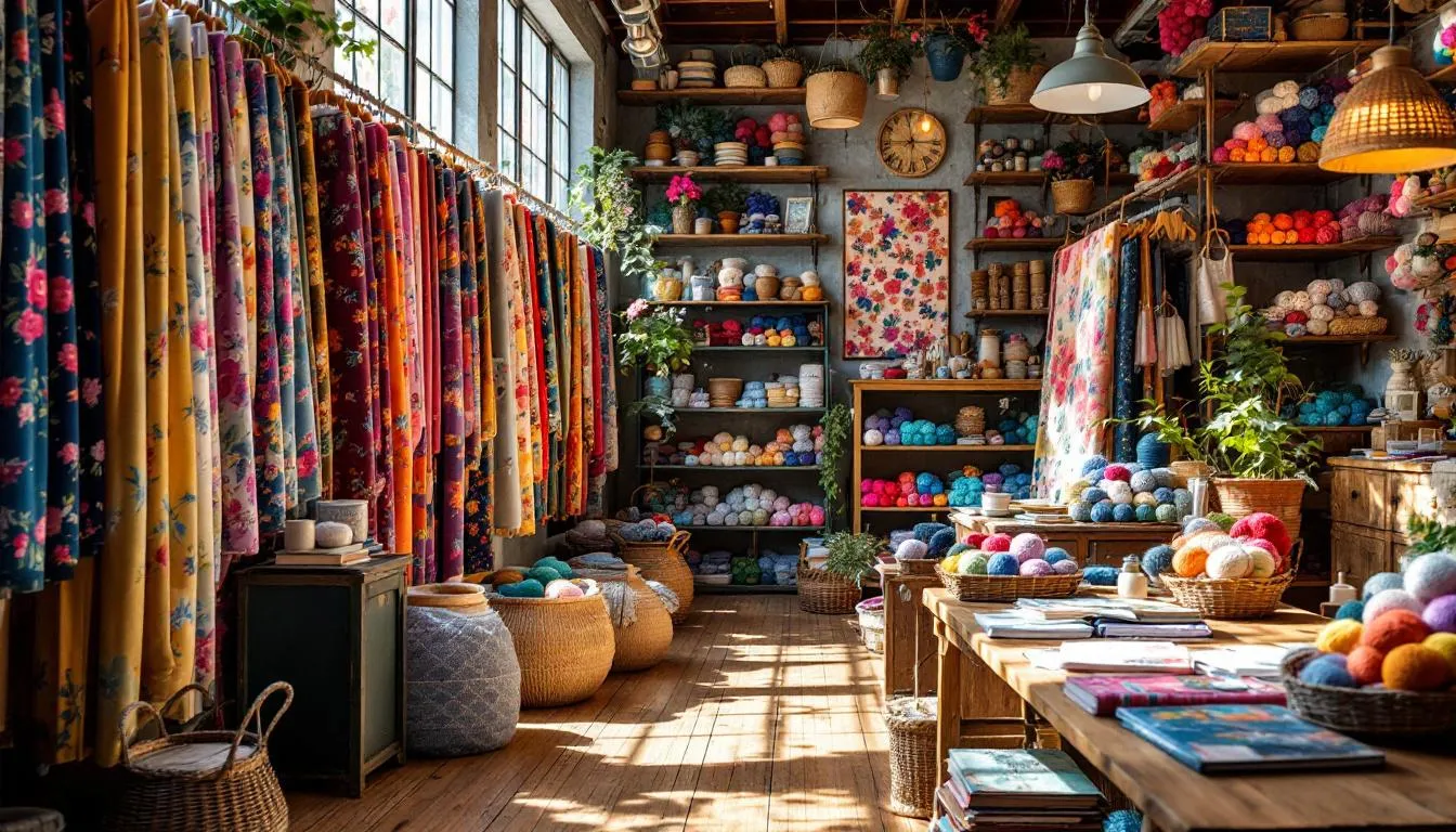 Tienda artesanal con telas y lanas florales