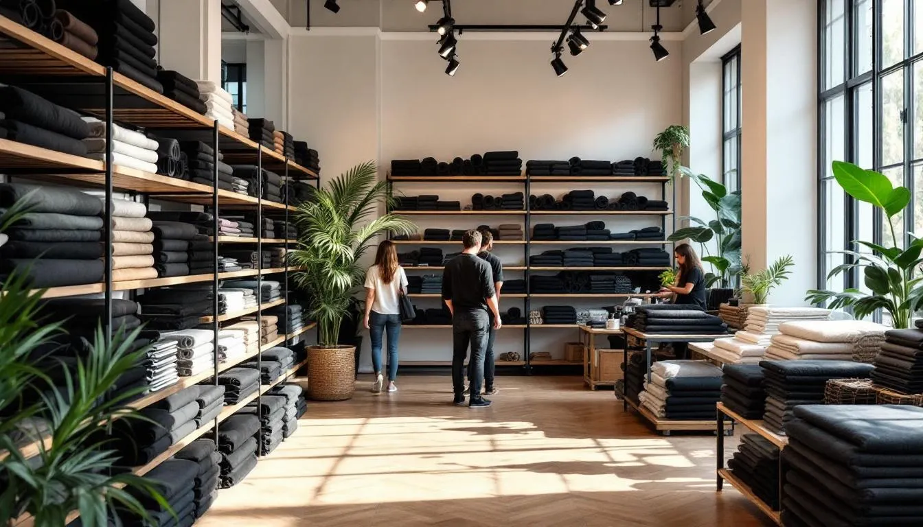 Interior de tienda moderna con telas negras