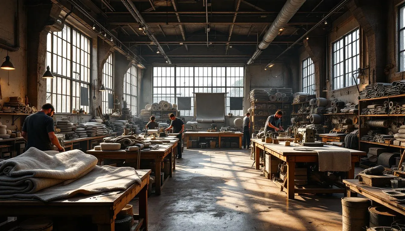 Taller textil con telas resistentes y luz