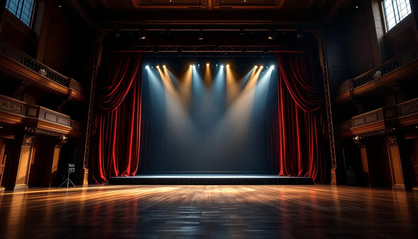 Escenario teatral elegante con cortinas rojas
