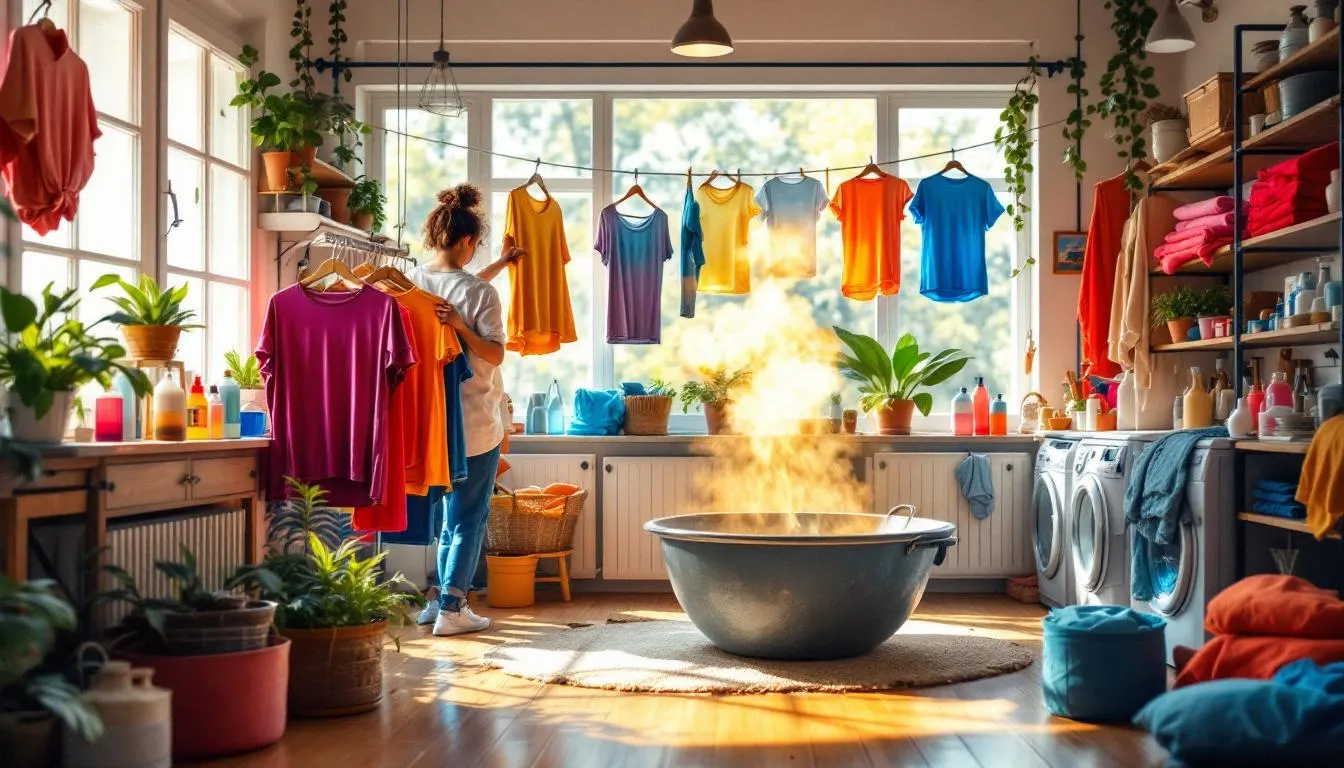 Cuarto de lavado luminoso con ropa teñida