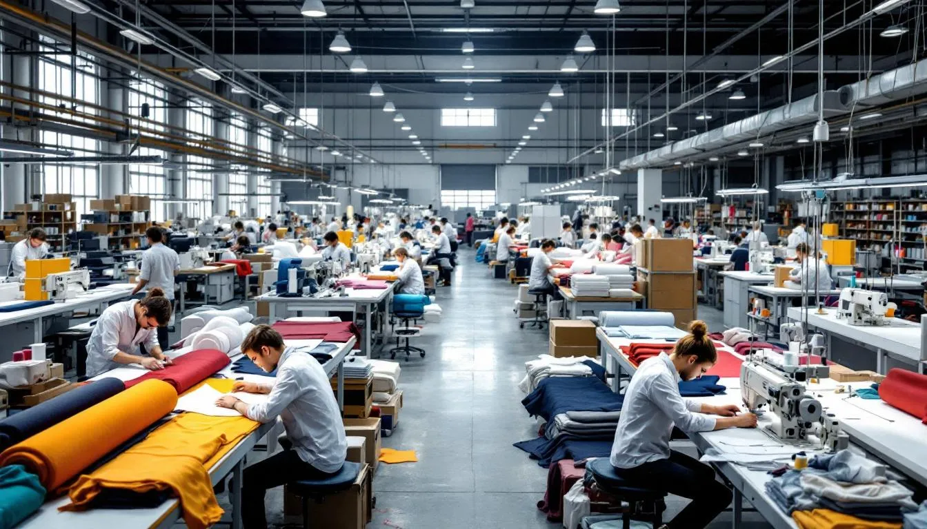 Fábrica textil moderna con maquinaria y trabajadores