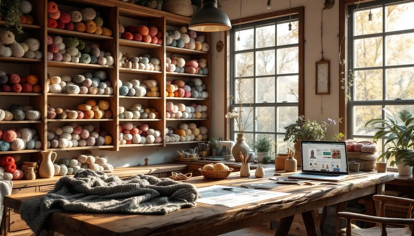 Interior acogedor de tienda artesanal de lanas