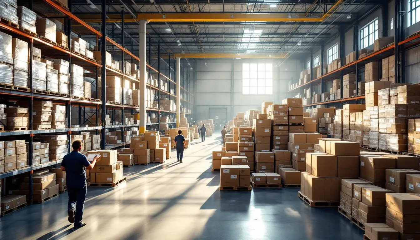 Almacén de distribución activo con cajas y