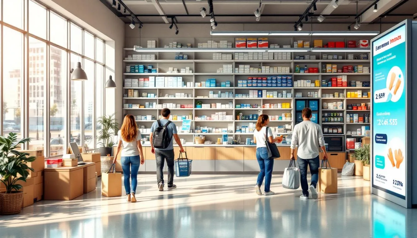 Interior moderno de farmacia en Chile ordenada