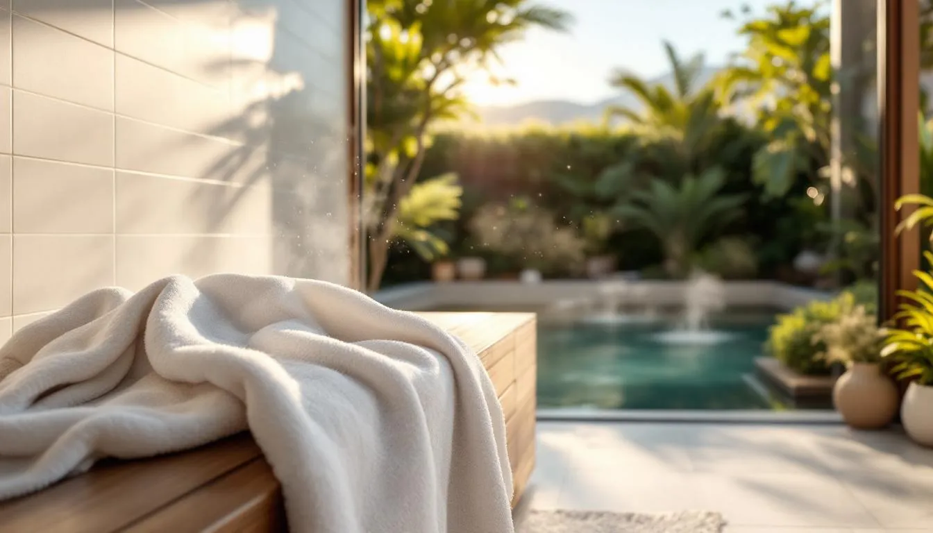 Baño sereno con toalla y spa exterior