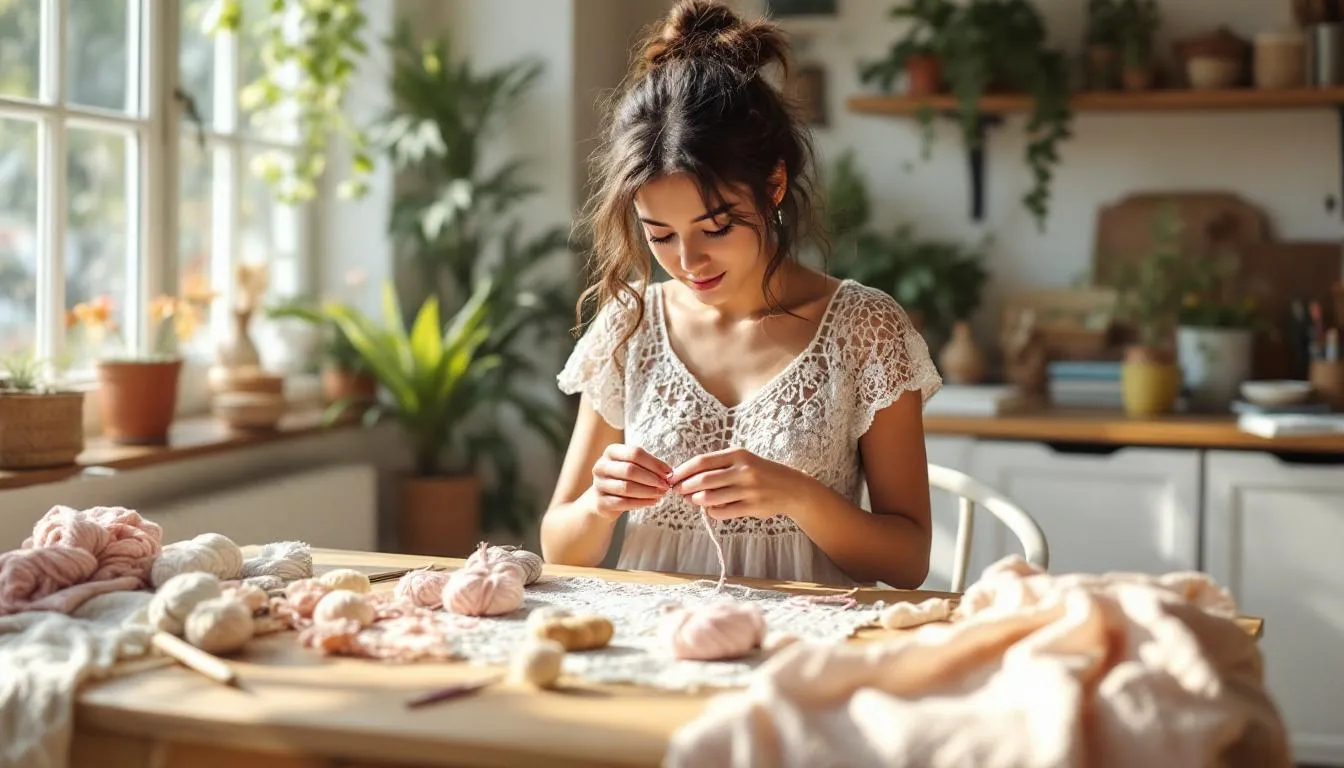 Habitación luminosa con mujer tejiendo crochet