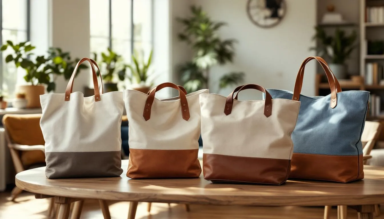 Cuatro bolsos personalizados sobre mesa madera