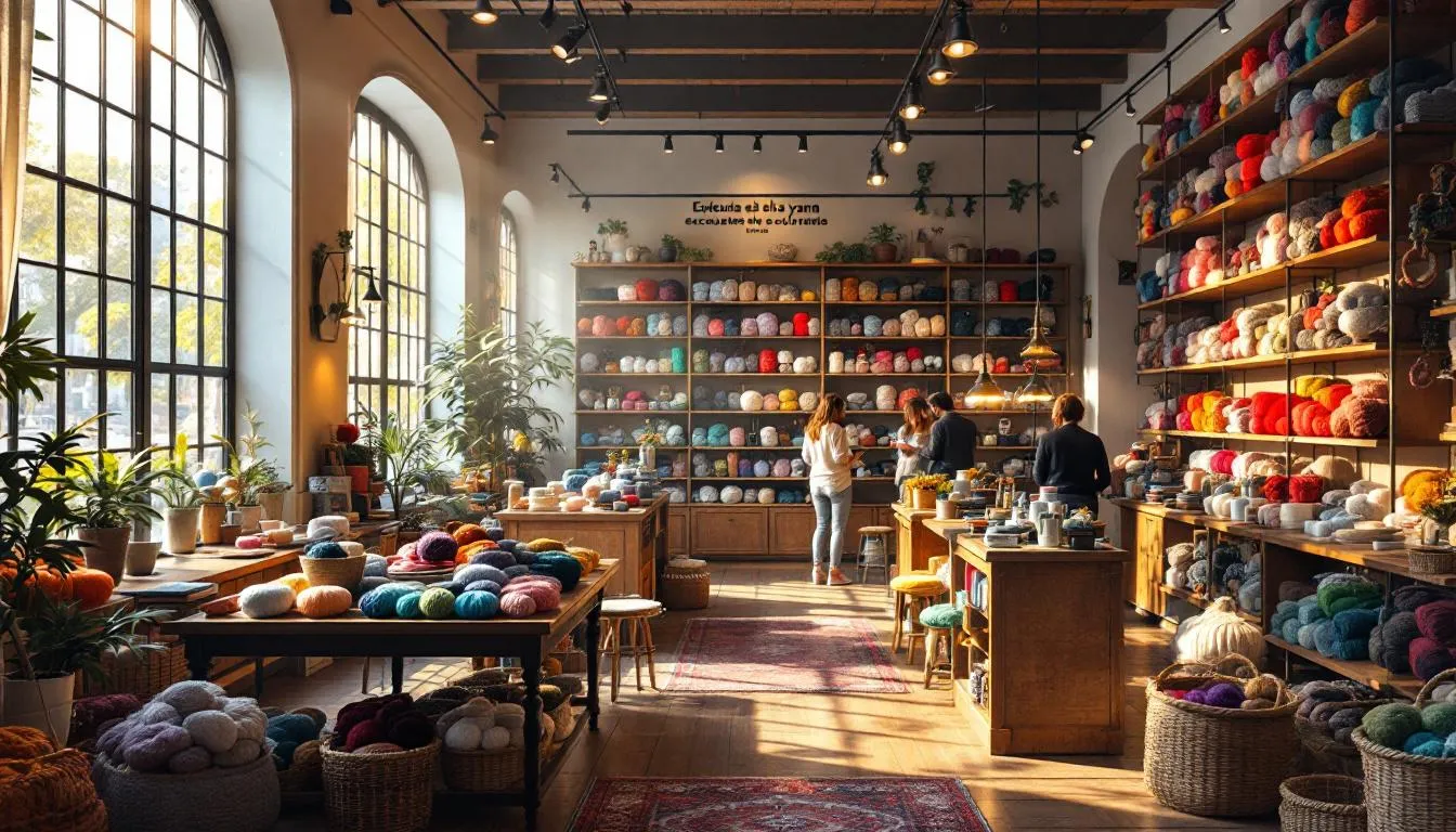 Interior acogedor de tienda de lanas coloridas