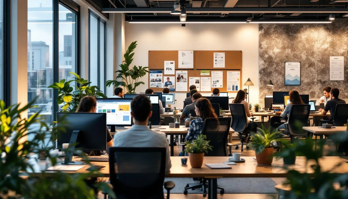 Oficina moderna chilena con profesionales colaborando