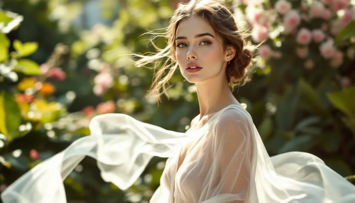 Mujer elegante con ropa transparente en jardín