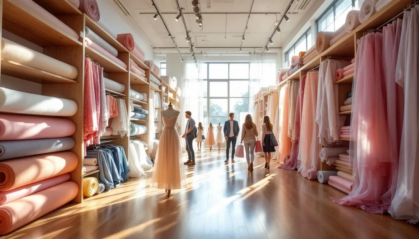 Interior tienda telas con tul colorido
